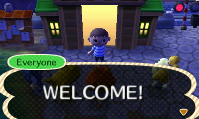 Everyone welcomes me at the train station, as I'm moving in to town for the first time. Animal Crossing: New Leaf.