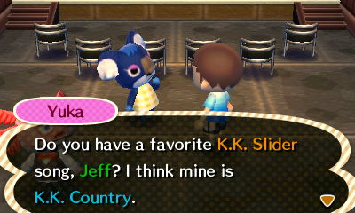 Yuka: Do you have a favorite K.K. Slider song, Jeff? I think mine is K.K. Country.
