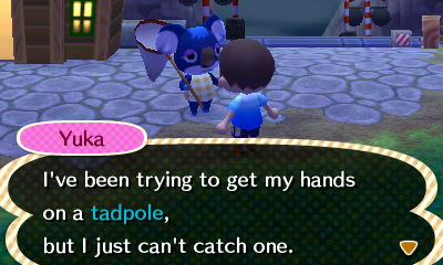 Yuka: I've been trying to get my hands on a tadpole, but I just can't catch one.