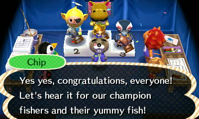 Chip: Yes yes, congratulations, everyone! Let's hear it for our champion fishers and their yummy fish!