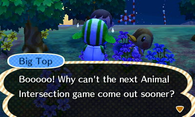 Big Top: Booooo! Why can't the next Animal Intersection game come out sooner?