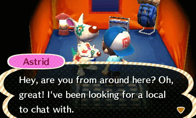 Animated GIF of Astrid clapping her hands on her baby's head as she asks if I'm from around here.