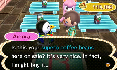 Aurora: Is this your superb coffee beans here on sale? It's very nice. In fact, I might buy it...