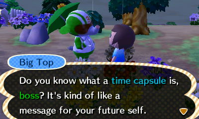 Big Top: Do you know what a time capsule is, boss? It's kind of like a message for your future self.