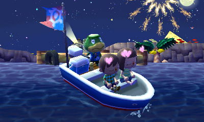 Heading out to the island on Kapp'n's boat as fireworks go off in the sky.