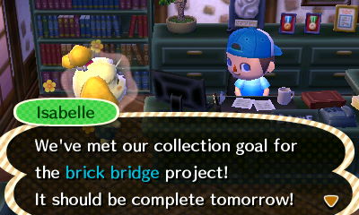 Isabelle: We've met our collection goal for the brick bridge project! It should be complete tomorrow!