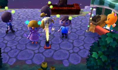 Wearing a bulb bopper as a fountain firework goes off near Isabelle.