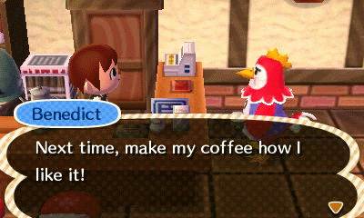 Animated GIF showing Benedict, Kapp'n, Fuchsia, and Rory all disappointed by their coffee I made them.