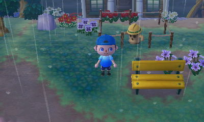 The spot I picked out for my flower clock PWP, behind my yellow bench and in front of town hall.