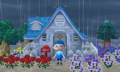 Heavy rain falls on my New Leaf house.