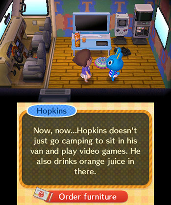 Hopkins' mobile home (in the updated New Leaf version) includes a Game Boy and Nintendo items seen as DLC in Happy Home Designer.