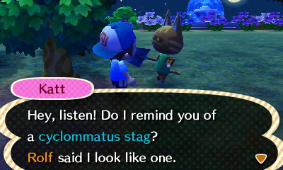 Katt: Hey, listen! Do I remind you of a cyclommatus stag? Rolf said I look like one.