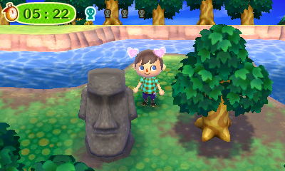 A Moai statue (from Easter Island) seen on hide-and-seek tour in New Leaf.