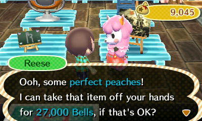 Reese: Ooh, some perfect peaches! I can take that item off your hands for 27,000 bells, if that's OK?
