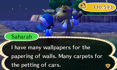 Saharah: I have many wallpapers for the papering of walls. Many carpets for the petting of cars.