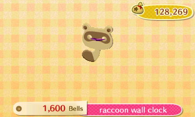 Raccoon wall clock DLC: 1,600 bells.