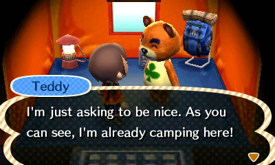Teddy: I'm just asking to be nice. As you can see, I'm already camping here!