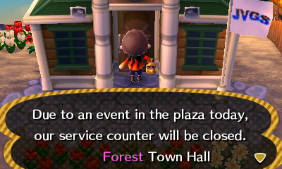 Sign: Due to an event in the plaza today, our service counter will be closed. -Forest Town Hall