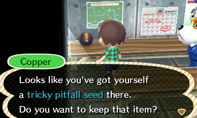 Copper: Looks like you've got yourself a tricky pitfall seed there. Do you want to keep that item?