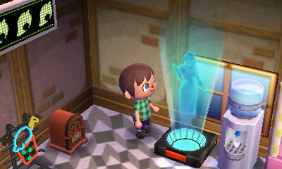 The hologram of a woman is projected from out of the hologram machine.