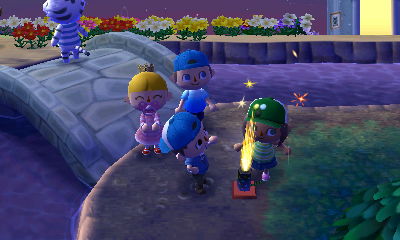 Wendy runs through the fire of the fountain firework.