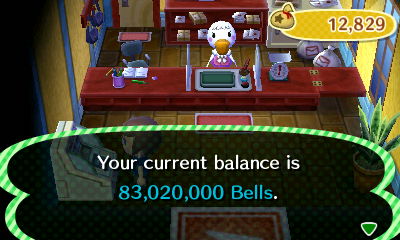 Your current balance is 83,020,000 bells.
