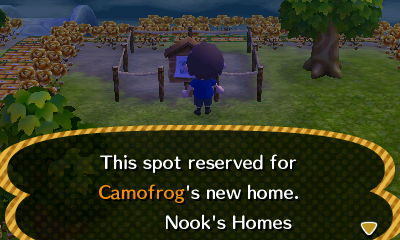 Sign: This spot reserved for Camofrog's new home. -Nook's Homes