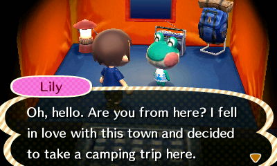 Lily, at the campsite: Oh, hello. Are you from here? I fell in love with this town and decided to take a camping trip here.