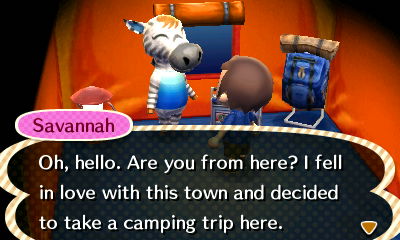 Savannah, at campsite: Oh, hello. Are you from here? I fell in love with this town and decided to take a camping trip here.