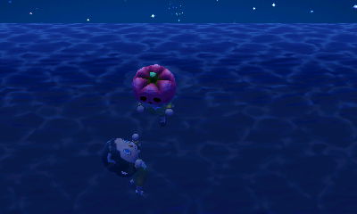 Beth, dressed as a cat, swims up to the surface after diving.