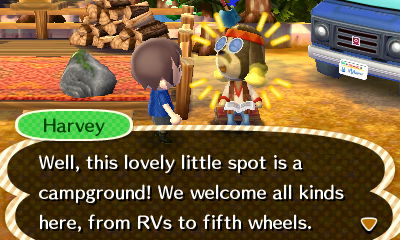 Harvey at the drive-in campground: Well, this lovely little spot is a campground! We welcome all kinds here, from RVs to fifth wheels.