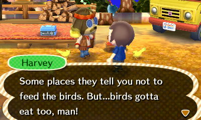Harvey: Some places they tell you not to feed the birds. But...birds gotta eat too, man!