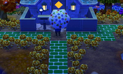 Holding the fruit-panel umbrella.