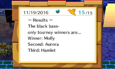 ~ Results ~ The black bass-only tourney winners are... Winner: Molly. Second: Aurora. Third: Hamlet.