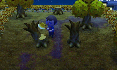 Chopping down trees in Animal Crossing: New Leaf.
