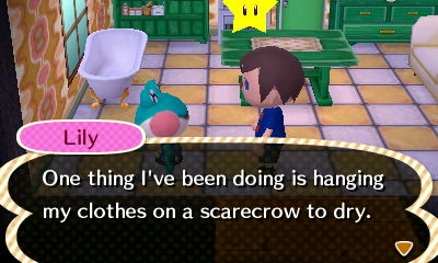 Lily: One thing I've been doing is hanging my clothes on a scarecrow to dry.