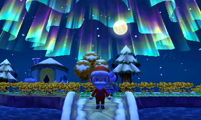 The northern lights (Aurora Borealis) on display in Animal Crossing: New Leaf.