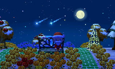 Two shooting stars go by during the meteor shower, as I sit on a metal bench PWP near my illuminated tree in winter.