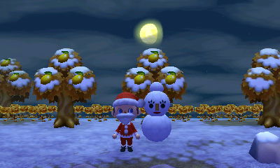 A snowmam below a lemon tree below the moon.