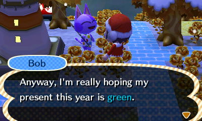 Bob: Anyway, I'm really hoping my present this year is green.