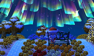 The northern lights up in the sky as I sit on my metal bench near my illuminated tree in Animal Crossing: New Leaf.