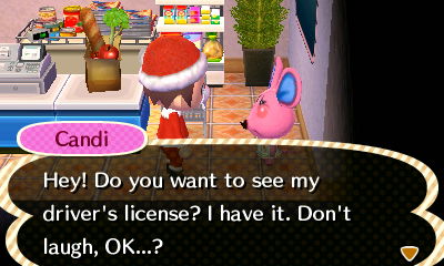 Candi: Hey! Do you want to see my driver's license? I have it. Don't laugh, OK...?