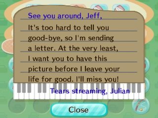 Julian's goodbye letter in Animal Crossing: New Leaf.
