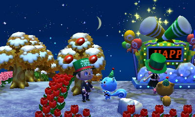 Filbert pushes me away from the New Year's Eve celebrations in Acorn.