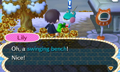 Lily: Oh, a swinging bench! Nice!