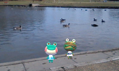 An Amiibo Camera picture showing my New Leaf residents Lily and Camofrog by a (real-life) lake.