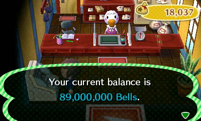 Your current balance is 89,000,000 bells.