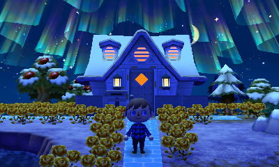 Northern lights in the sky above my house in Animal Crossing: New Leaf (ACNL).