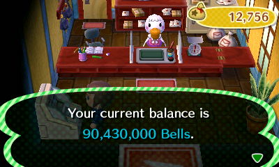 Your current balance is 90,430,000 bells.