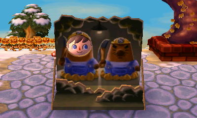 Posing in the Resetti face-cutout standee for Groundhog Day.